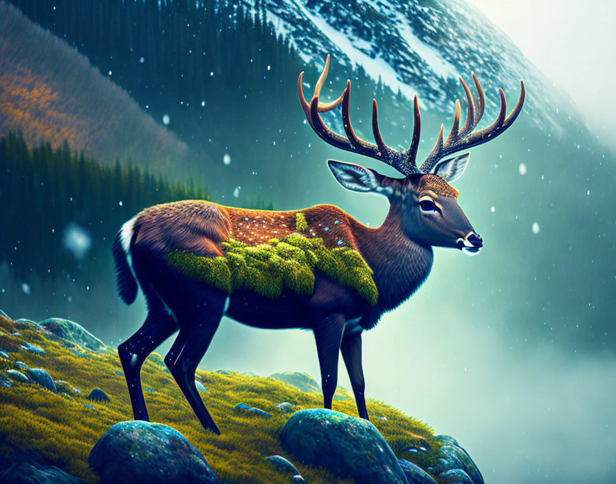 Majestic stag with forest on back in snowy mountain scene