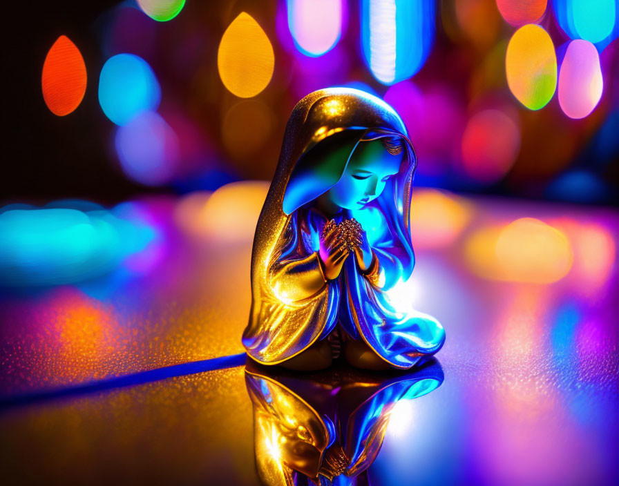 Colorful illuminated praying figurine with blue glow on face amidst vibrant bokeh lights