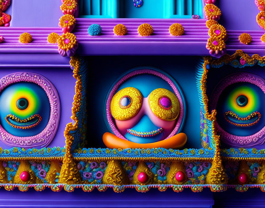 Whimsical 3D Artwork Featuring Playful Faces in Ornate Decorative Structure