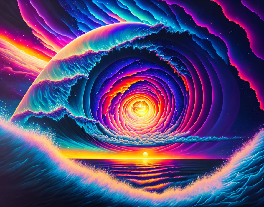 Colorful digital artwork: surreal wave spiraling into cosmic vortex