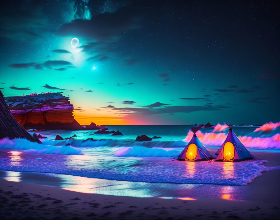 Vibrant aurora colors illuminate beach tents at night