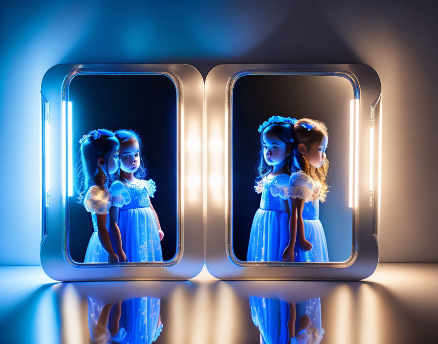 Girl in white dress in infinite mirror reflection with blue and orange backlight