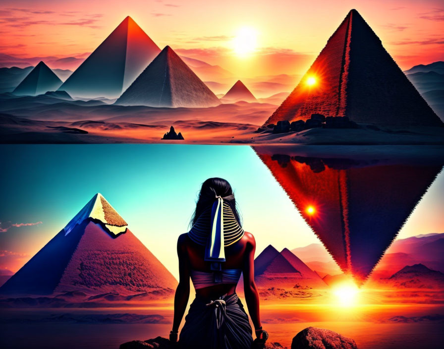 Egyptian headdress woman silhouette facing pyramid reflection at sunset