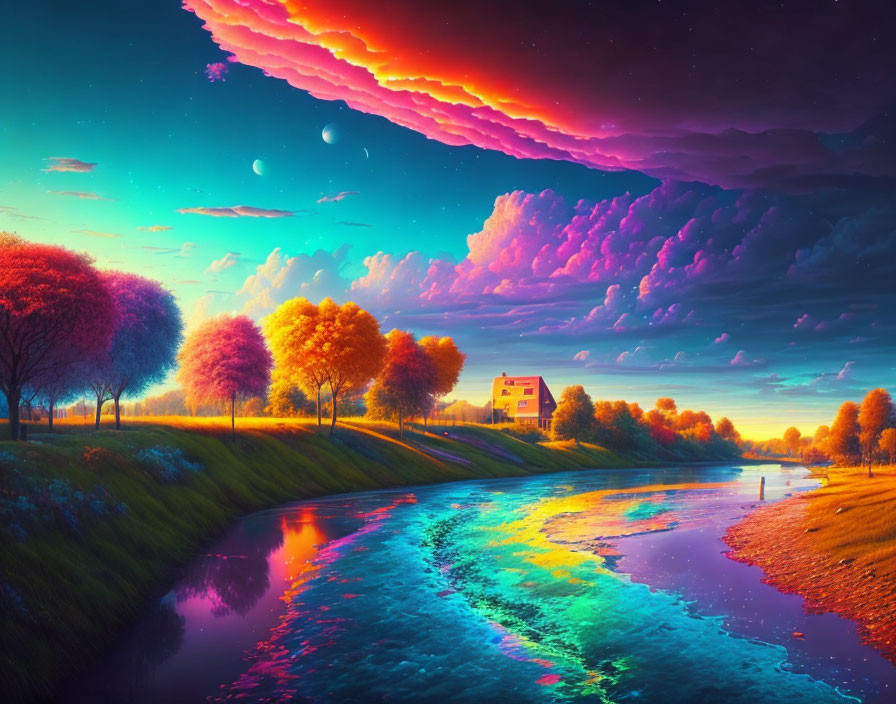 Colorful Surreal Landscape with Rainbow River and Celestial Bodies