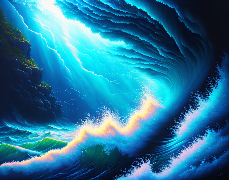 Luminous blue wave art against dark backdrop