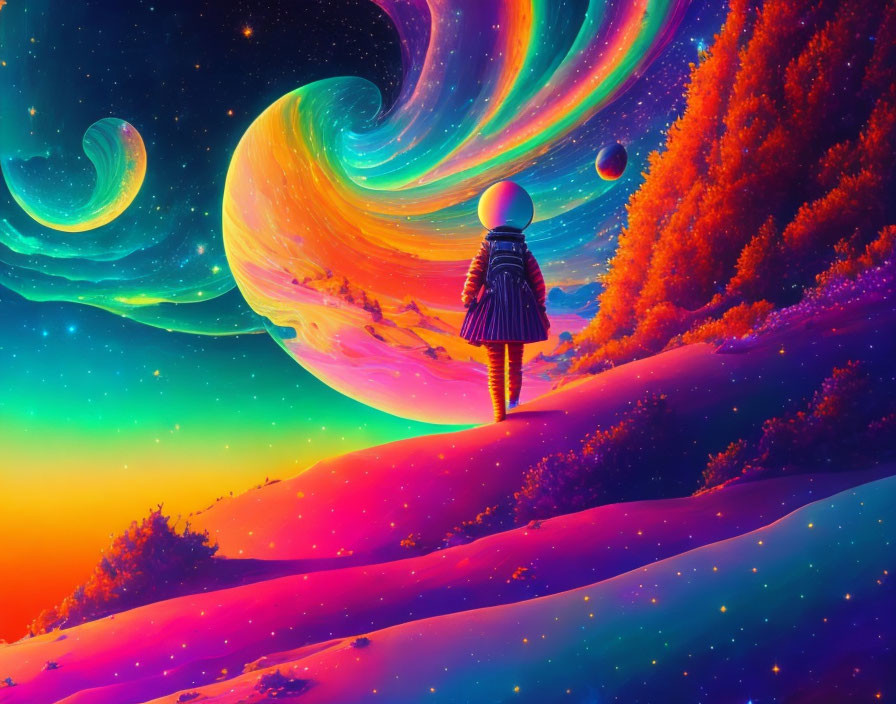 Person standing on vibrant alien landscape with colorful skies, swirling galaxies, and sea of stars.