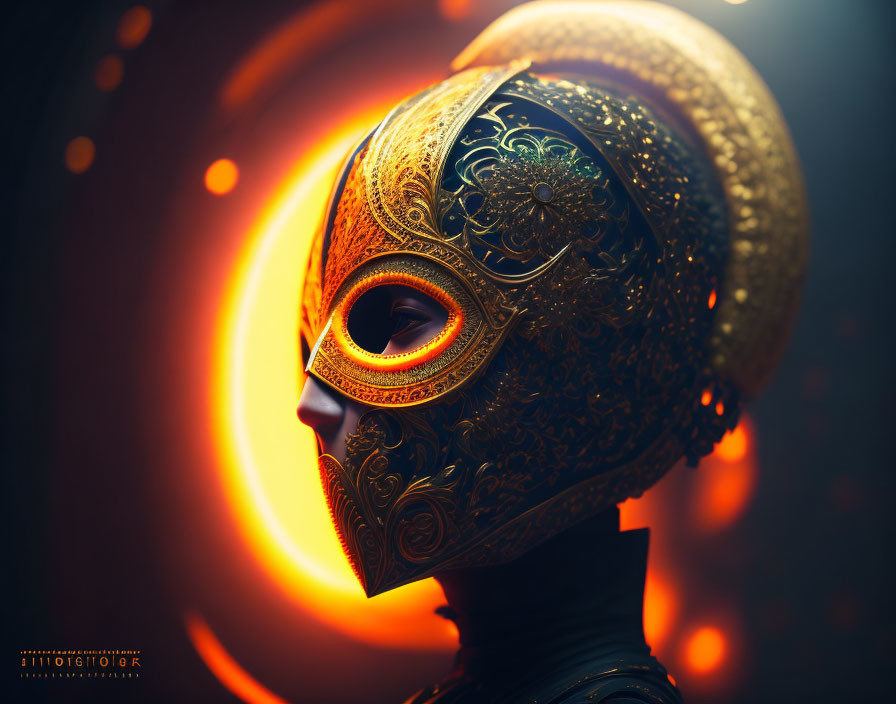 Profile view of person in ornate golden mask with intricate designs, illuminated by warm glow