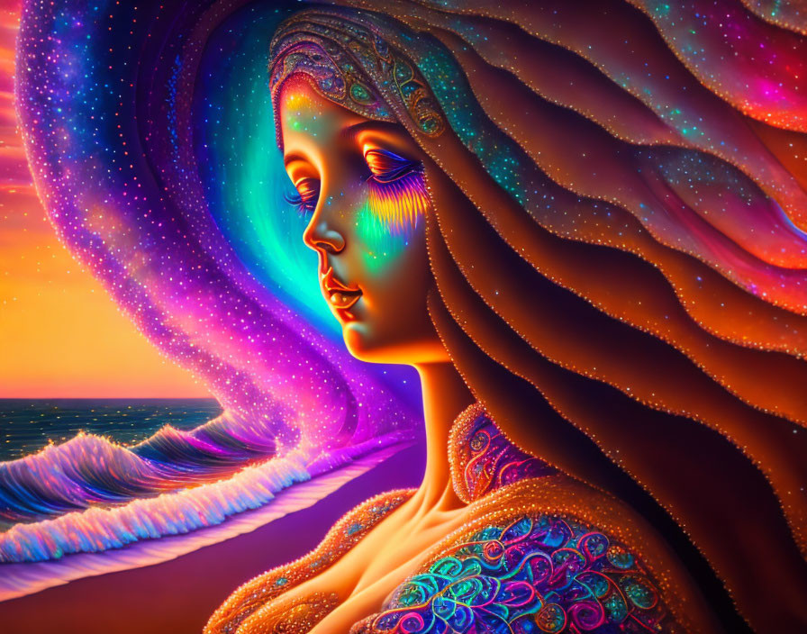 Digital artwork: Woman with cosmic hair and seascape background