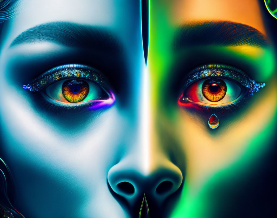 Detailed Close-Up of Colorful Digital Artwork: Two Faces with Artistic Makeup and Teardrop