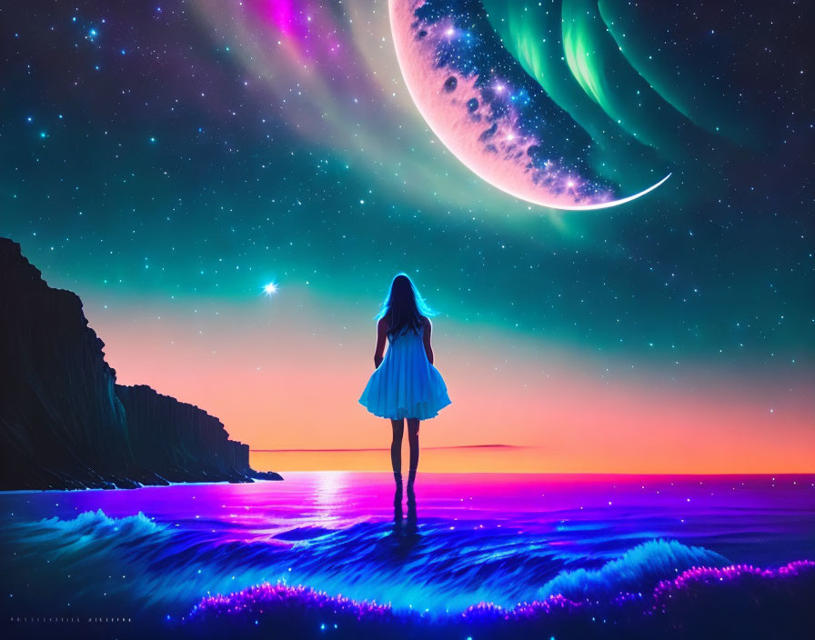 Person standing on surreal colorful shoreline under aurora-filled night sky