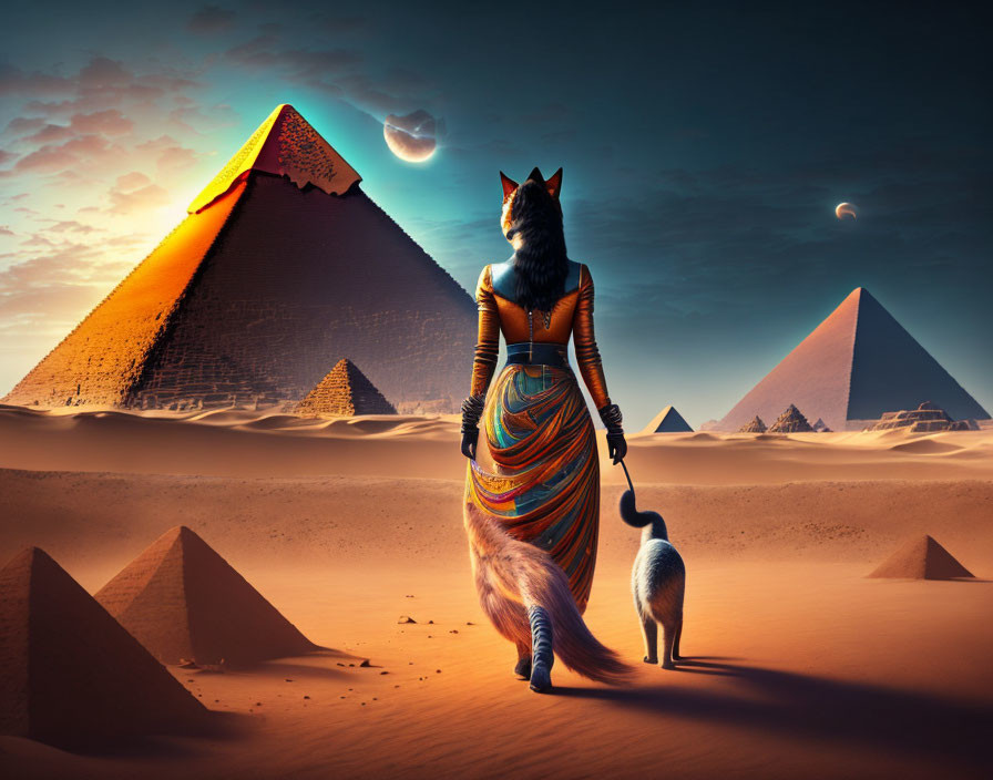 Anthropomorphic fox in Egyptian attire near desert pyramids under planetary sky