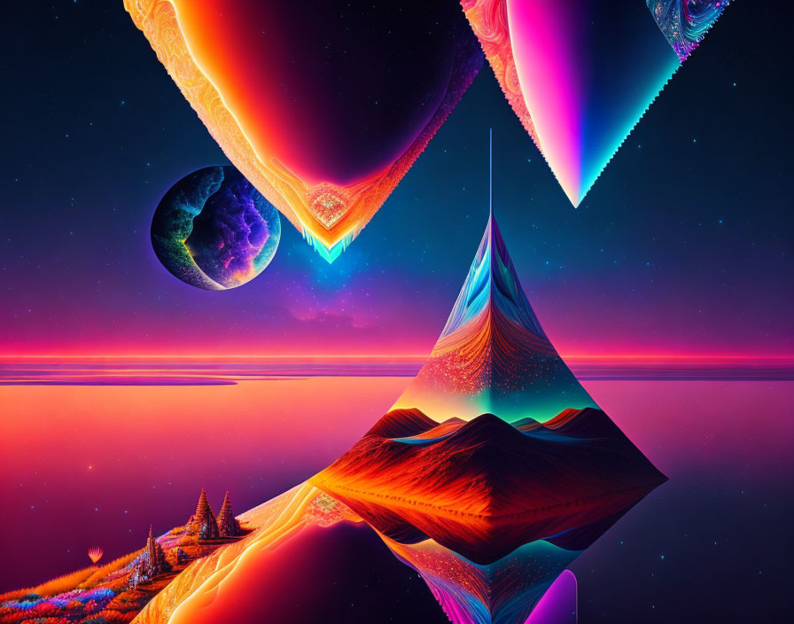 Colorful digital artwork: otherworldly landscape, geometric shapes, fractals, Earth view