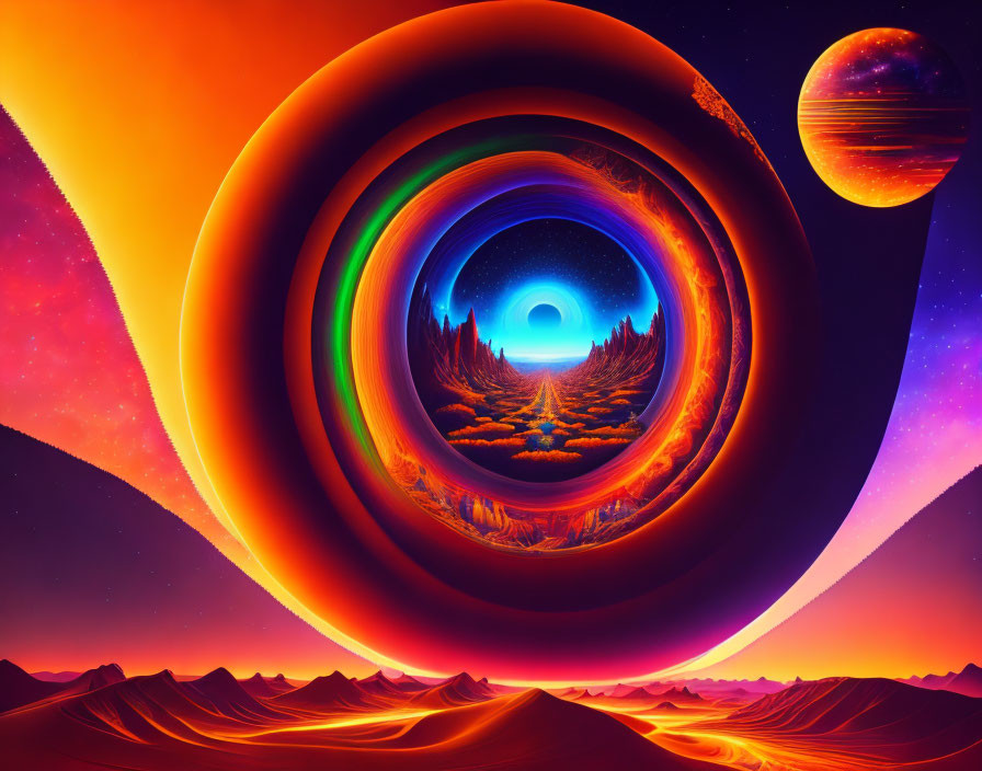 Vivid surreal landscape with cosmic elements