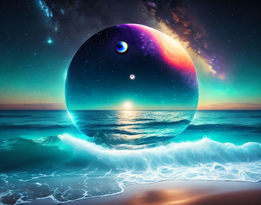 Surreal beachscape with cosmic yin-yang symbol at sunset