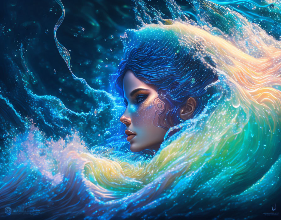 Woman's side profile merging with vibrant blue ocean waves in digital artwork