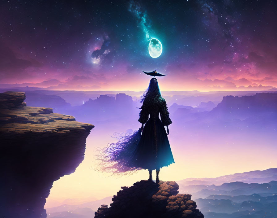 Cloaked figure on cliff edge under starry sky with nebula, moon, and planet