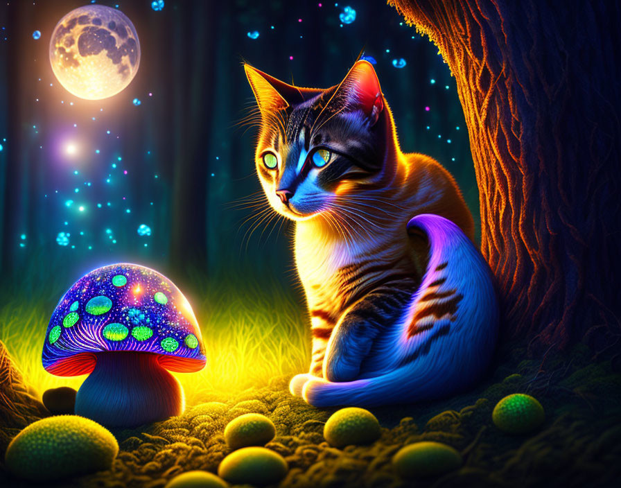 Vibrant cat and glowing mushroom in moonlit night illustration