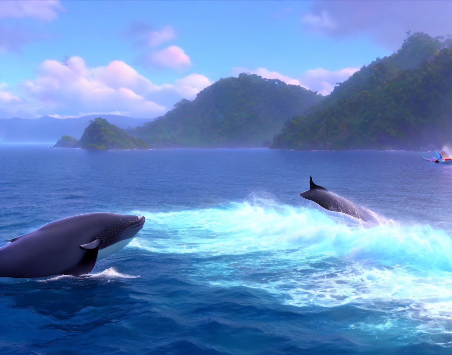 Whales breaching by lush tropical coastline with small boat