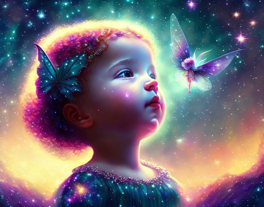 Child with Glowing Curly Hair Surrounded by Cosmic Background and Butterflies