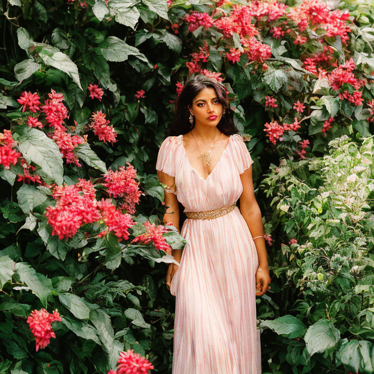 Woman in Pink Dress Surrounded by Greenery and Red Flowers