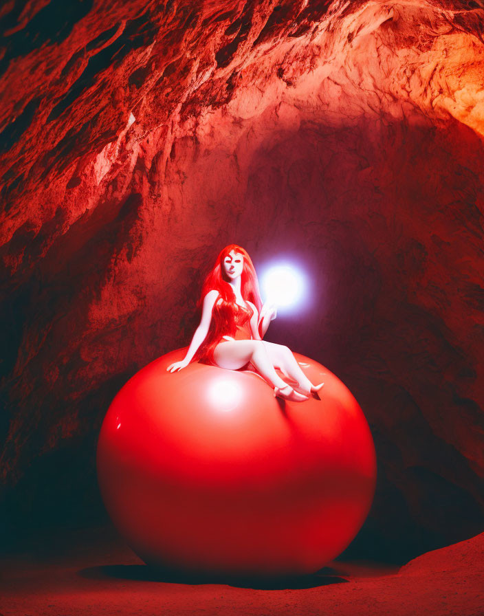 Red-haired woman with glowing orb on large sphere in amber cave