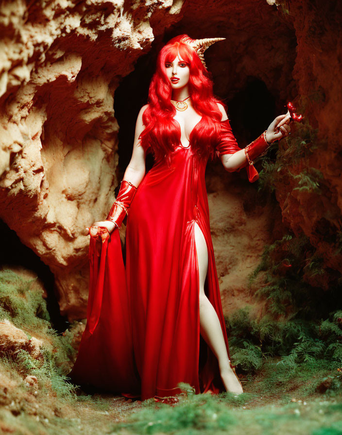 Fantasy character in red costume with horn, standing in lush cave.