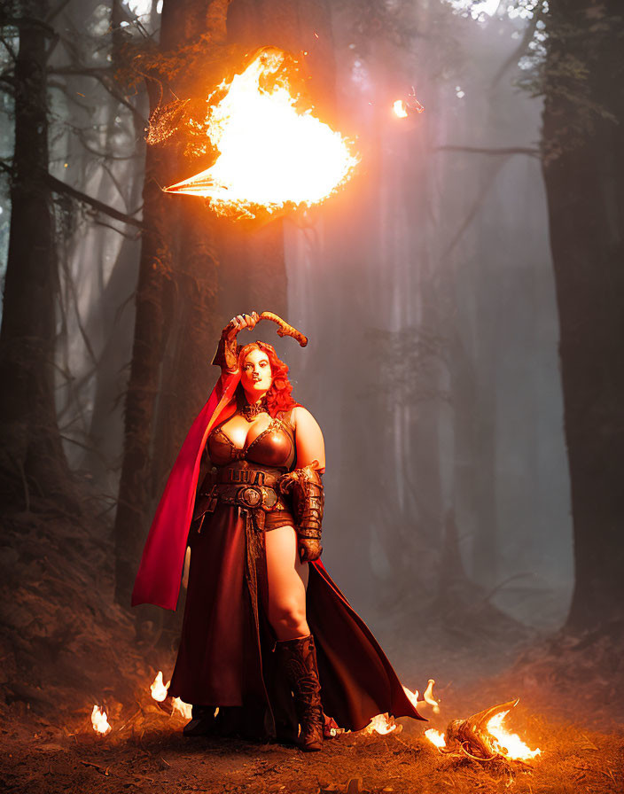 Fantasy warrior woman with red cape wields flaming sword in misty forest