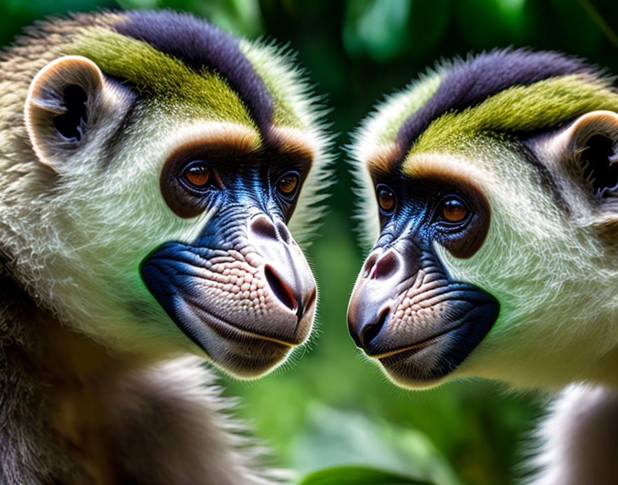 Colorful Monkeys with Prominent Eyes and Noses on Green Leafy Background