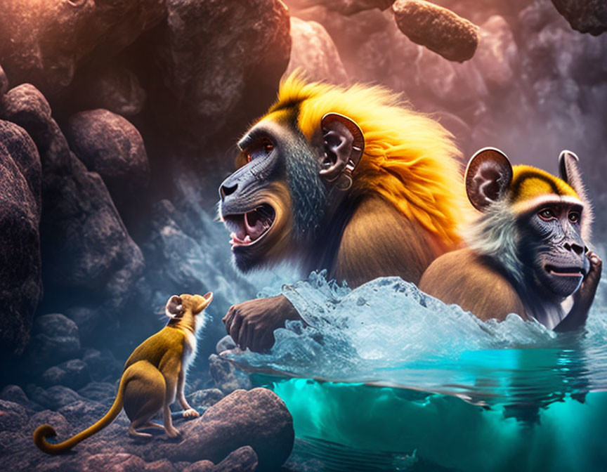 Small monkey watching two larger colorful primates by water in surreal scene