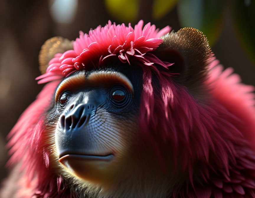 Colorful Mandrill Monkey with Blue and Red Facial Features and Pink Flower