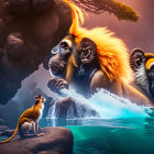 Small monkey watching two larger colorful primates by water in surreal scene