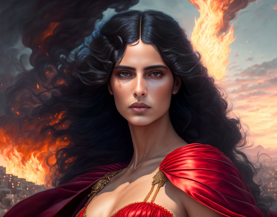 Dark-haired woman in red cape and gold attire with intense gaze in digital artwork.