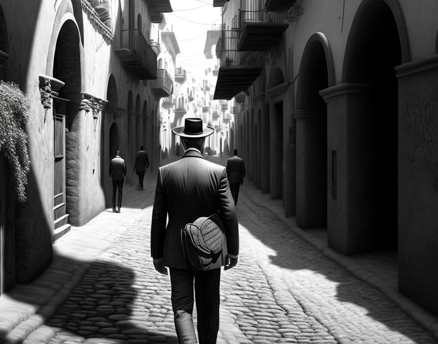 Man in hat with briefcase on cobblestone street with buildings and balconies.