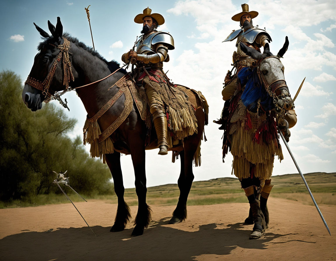 Medieval knights on horseback with lances in sandy landscape