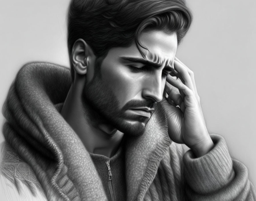 Monochrome digital portrait of pensive young man in thick sweater