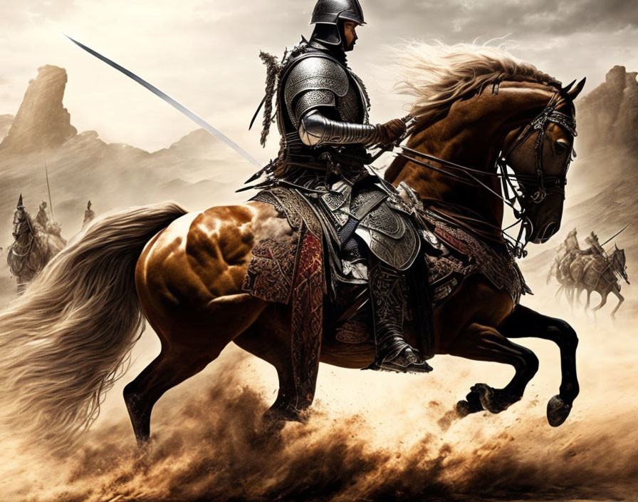 Medieval knight in full armor on galloping horse on dramatic battlefield.