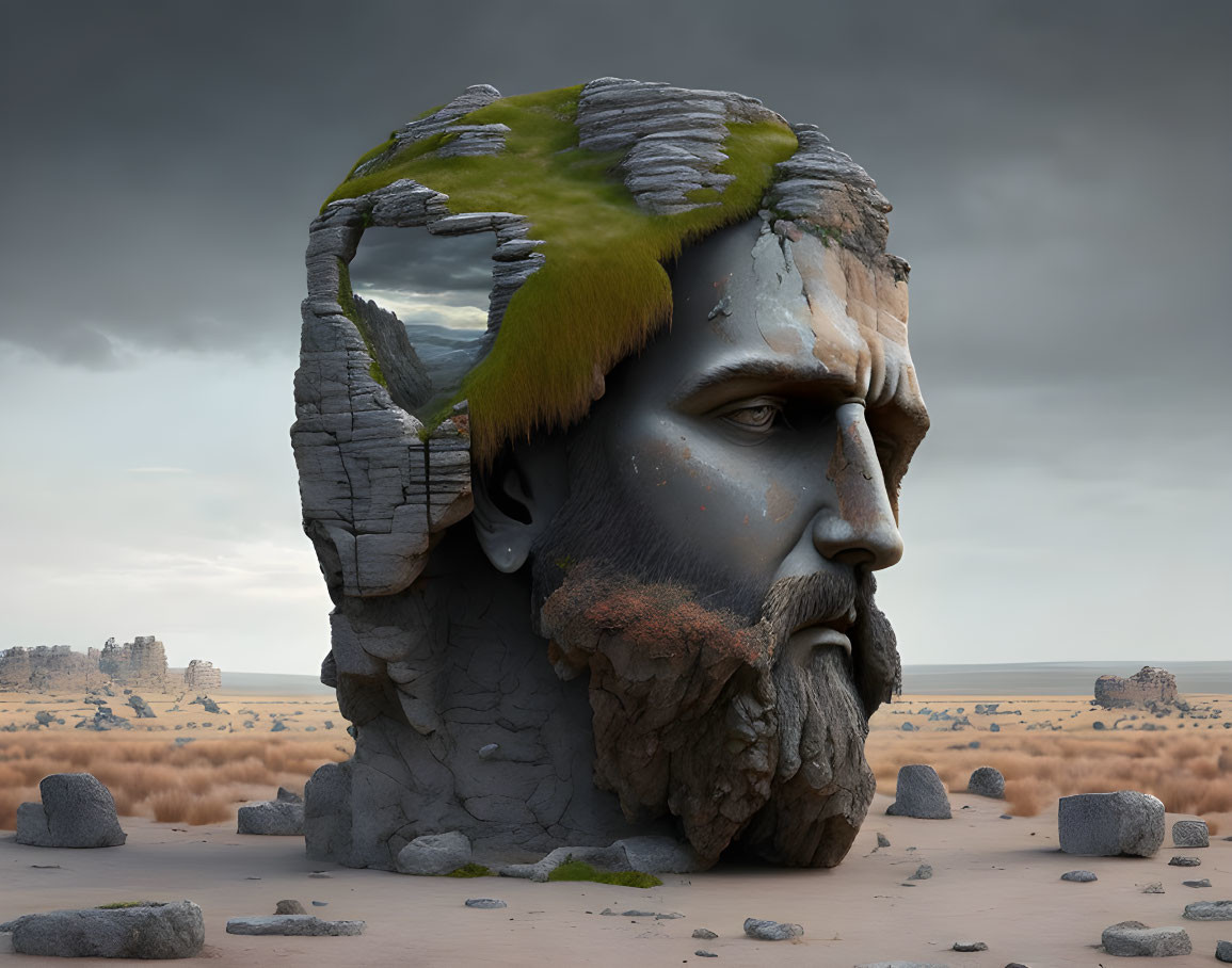 Massive stone head with rugged beard and intense gaze in desolate landscape.