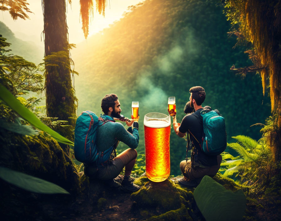 Hikers toasting with beer in lush green forest