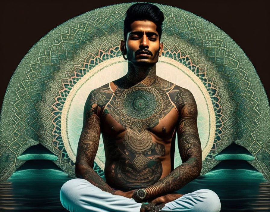 Tattooed man meditating against geometric mandala backdrop