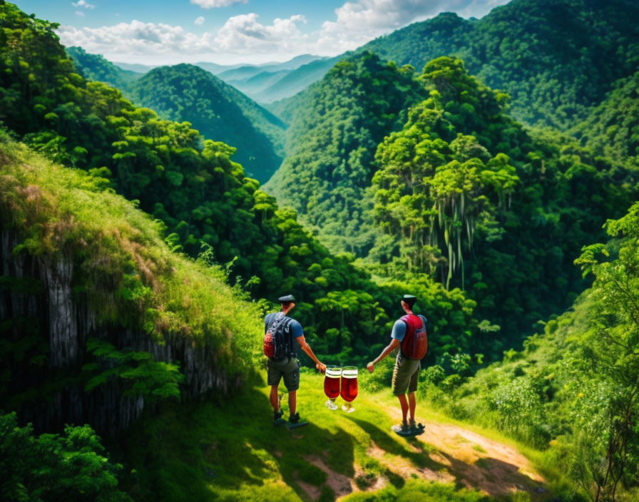 Hikers overlooking lush green valley with rolling hills