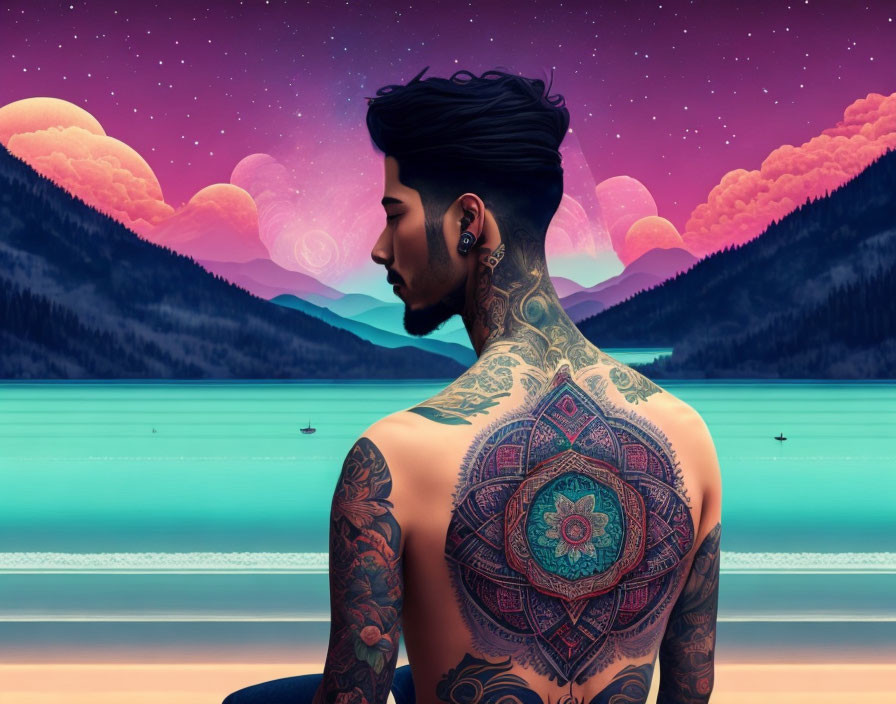 Person with tattoos admiring serene lake with boats and colorful mountains under starry sky