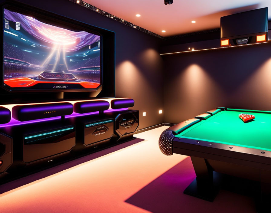 Contemporary Entertainment Room with Ambient Lighting and Futuristic Interface