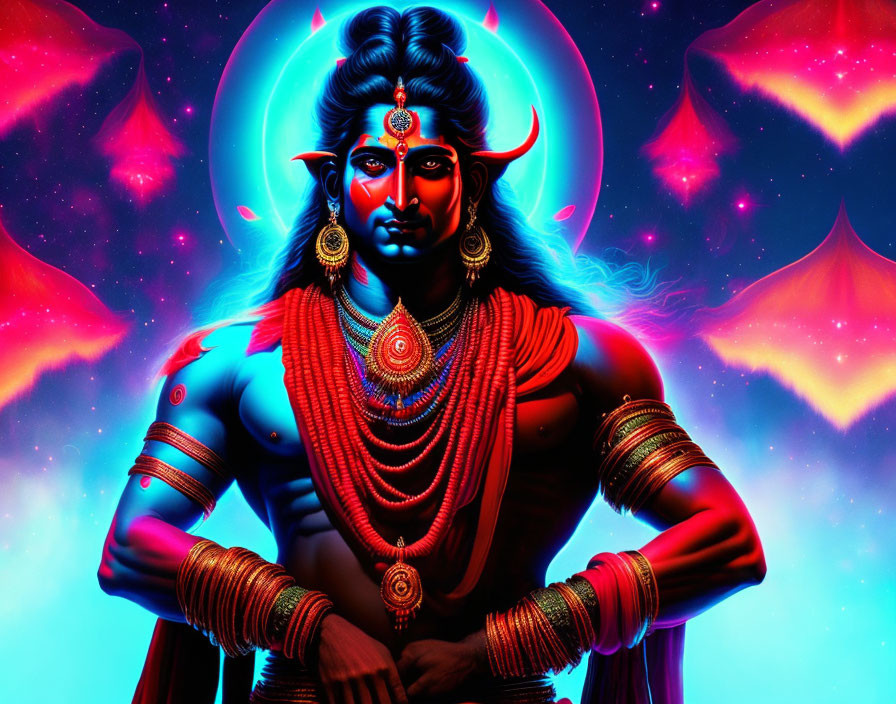 Blue-skinned Hindu deity with multiple arms in neon backdrop