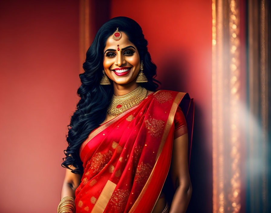 Traditional red saree with gold embroidery on smiling woman standing by window