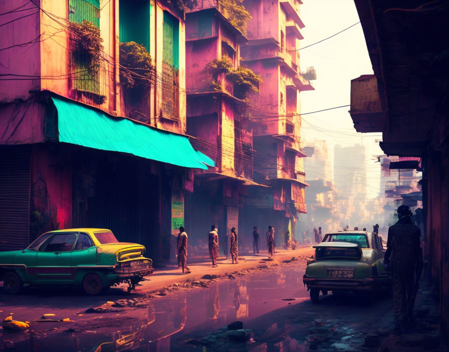 Vintage cars, pedestrians, and colorful buildings in moody retro-futuristic street scene