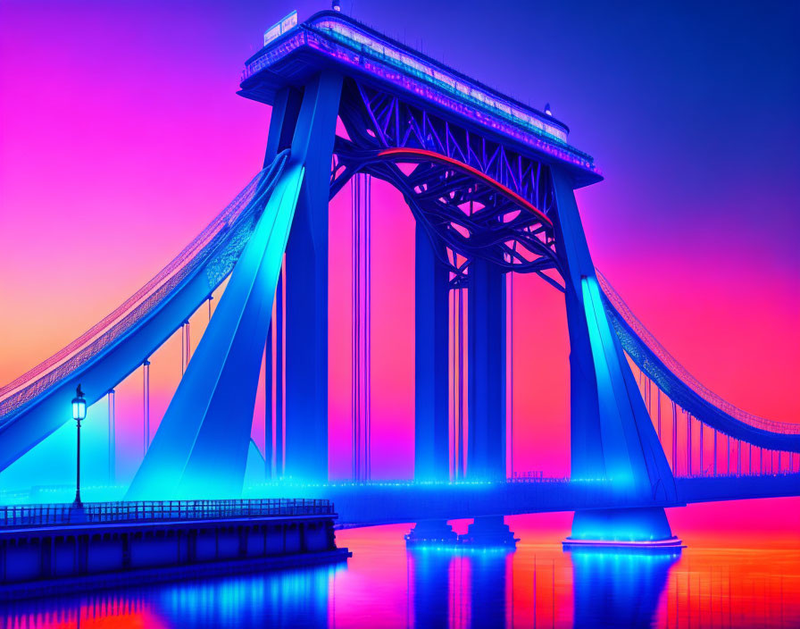 Neon-lit bridge against colorful sunset sky