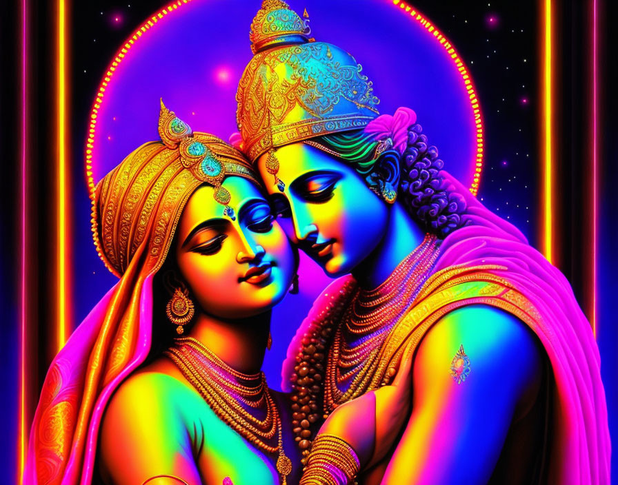 Vibrant digital artwork: Hindu deities in close embrace, cosmic backdrop