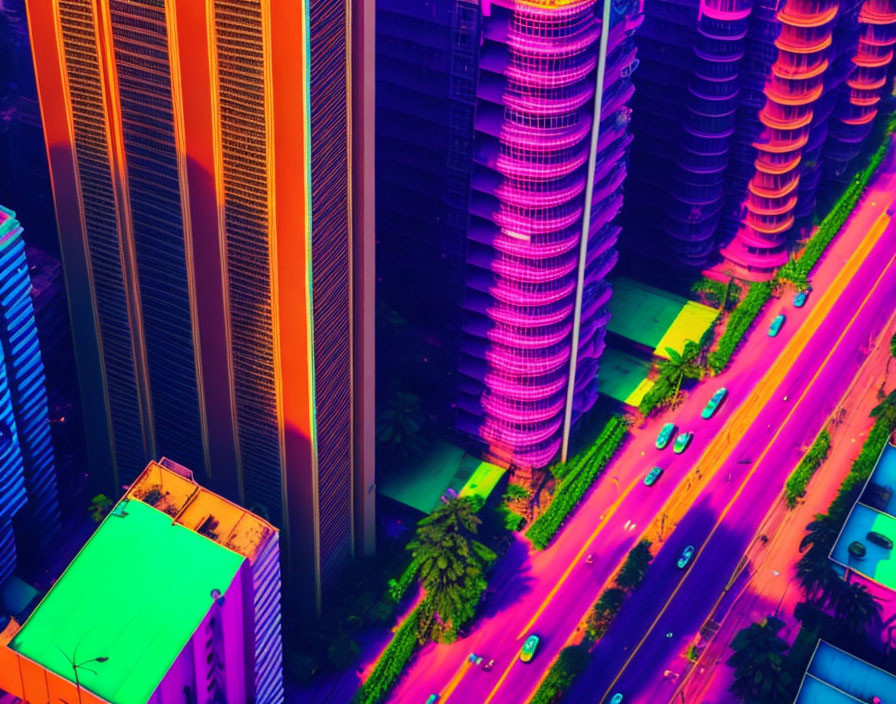 Cityscape at Dusk: Aerial View with Neon Hues and Traffic