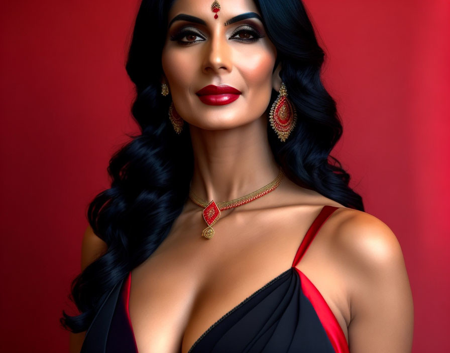 Dark-haired woman with red lipstick and gold jewelry on red background