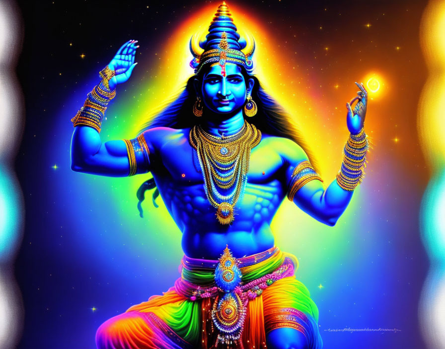 Vibrant digital artwork: Four-armed deity in cosmic setting with golden jewelry.